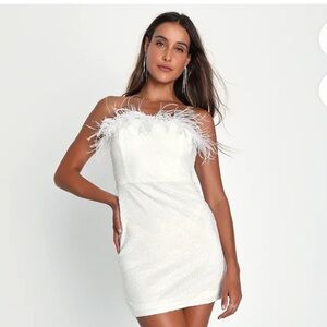 NWT Lulus Glittering Perfection White Sequin Feather Strapless Mini Dress